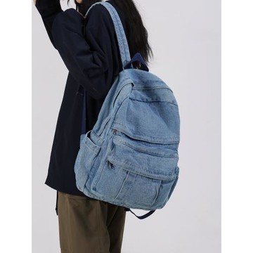 港風水洗牛仔布書包女大學生韓版復古男士雙肩包輕便文藝旅行背包