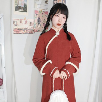 正紅色 2色 假兩件兔毛氣質聖誕紅洋裝 新中式中秋春節改良旗袍