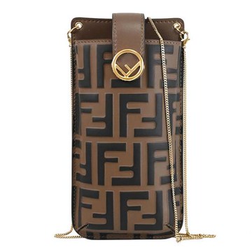 FENDI 8M0443 FF LOGO 立體壓花鏈帶斜背手機包.深咖