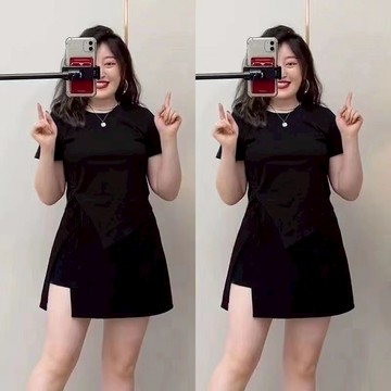 壹禾YIHOO~現貨24h出貨🔶大碼女裝 大尺碼套裝 夏季不規則抽繩上衣短袖T恤 黑色開叉半身裙 胖mm裙套裝 兩件套
