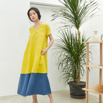 純亞麻拼色連身裙【CONTRAST卡偌詩】