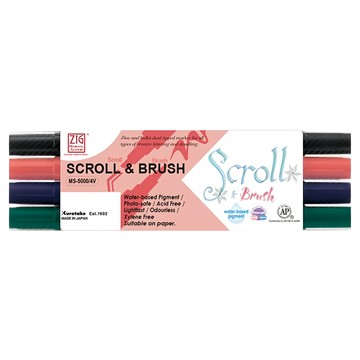 Kuretake 吳竹 Scroll & Brush 雙頭麥克筆 軟筆頭4色套組  黑色 + 藍色 + 綠色 + 紅色  1組