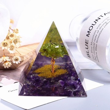 金字塔奧根塔Orgonite生命之樹/脈輪/助眠/冥想/能量橄欖石紫水晶