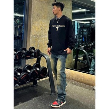 歐美式高街數字印花圓領長袖男秋季潮牌寬松重磅純棉情侶t恤上衣