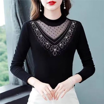 媽媽半高領蕾絲打底衫時尚燙鉆網紗長袖內搭大碼黑色上衣秋冬新款