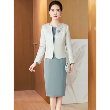 媽媽春裝新款西裝兩件套裝高級感喜婆婆禮服氣質高貴連衣裙闊太太