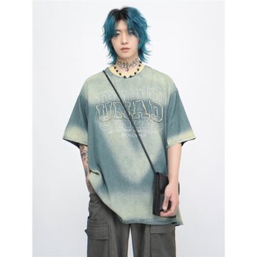 Mz 美式復古扎染做舊貼布刺繡短袖男夏季潮牌情侶高級感上衣t恤