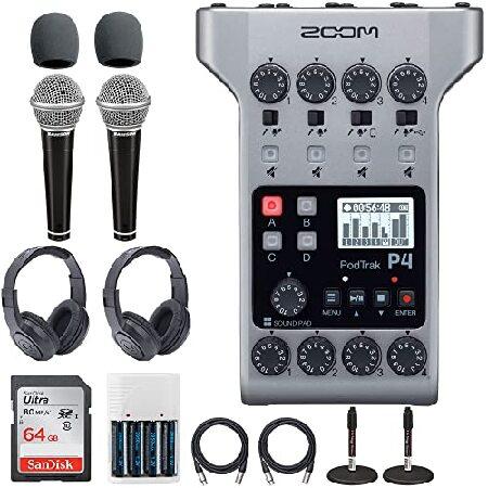 Zoom PodTrak P4 Portable Multitrack Podcast Recorder   64GB SDXC Memory Card   2x Dynamic Cardioid Handheld Mic   2x Stereo Headphones   2x Foam Winds