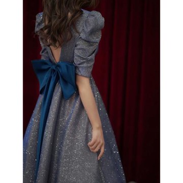 藍色晚禮服女高級感輕奢小眾高端宴會氣質成人禮連衣裙夏季主持人