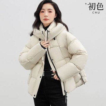 初色 韓版厚款防寒保暖純色單排釦拉鍊立領長袖連帽科技保暖纖維服外套女外套-共4色-17273(S/M可選)