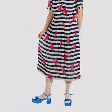 【蛋植物古着】花落條紋印花短袖古著洋裝