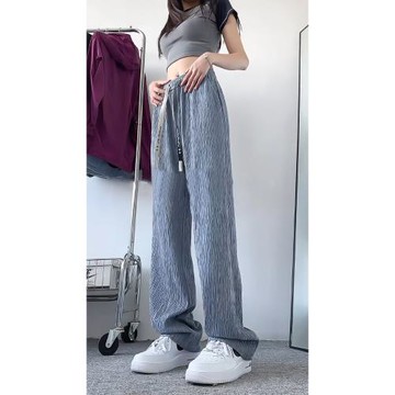 肌理感休閑褲男夏季薄款冰絲涼感闊腿褲寬松大碼休閑垂感直筒長褲