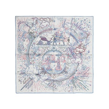 Hermes Please hold the line 塗鴉線條圖案絲巾/方巾-90cm(白/藍/紅)