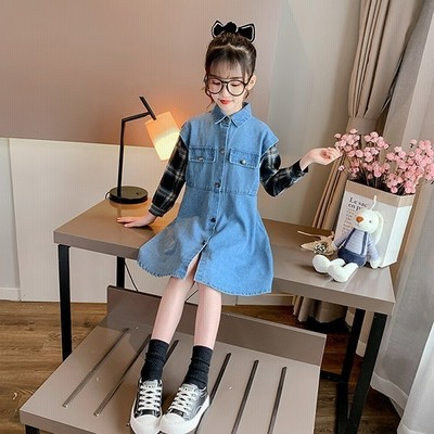 ワンピース キッズ 長袖 子供服 女の子 春秋 キッズワンピース デニムワンピース チェック柄 子供ドレス 結婚式 ジュニア おしゃれ 可愛い カジュアル 小学生 通販 Lineポイント最大get Lineショッピング