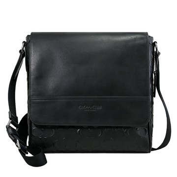 COACH 4006 經典滿版立體LOGO壓紋皮革翻蓋斜背包.黑