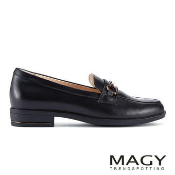 MAGY 打蠟羊皮馬銜釦復古低跟樂福鞋 黑色  # 16278