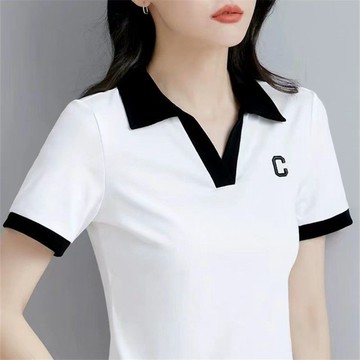 春夏短袖上衣女POLO衫女OLUX夏季韩版翻领POLO衫短袖T恤女时尚洋气百搭刺绣大码上衣女大尺碼  90公斤