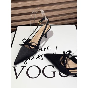 蝴蝶結包頭涼鞋女細跟2025年新款夏季法式一字扣帶黑色職業高跟鞋