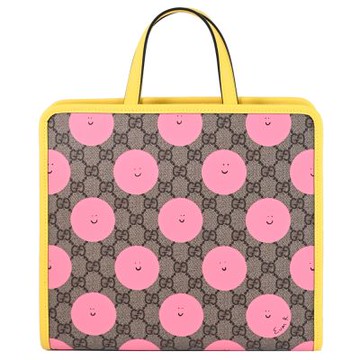 GUCCI Euan Roberts聯名系列印花皮革手提托特包(駝/黃邊)
