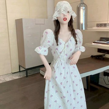 輕熟風碎花裙子超仙女森系2021夏新款法式復古長裙初戀甜美連衣裙