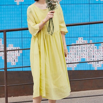 現貨+預購 亞麻連身裙七分袖洋裝大尺碼長裙連衣裙A字裙休閒大碼女裝-圓領寬鬆百搭雙層女裙子74ba43【獨家進口】【米蘭精品】