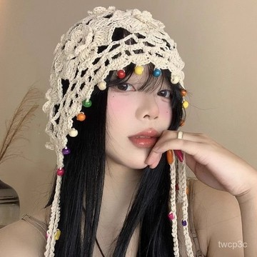熱賣爆款 【1萬人收藏】波西米亞花朵流蘇編織包頭帽女複古鏤空民族風套頭帽手工針織帽子0304 UGVP