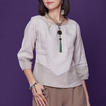 古典美 亞麻配色顯瘦上衣【58010】