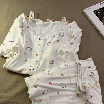 DUYI~夢詩 睡衣女甜美少女卡通印花帶胸墊短袖蕾絲邊套裝家居服外穿
