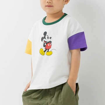 日本 Chil2 - 聯名款  卡通人物米奇純棉短袖上衣-雙手叉腰-白x黃x紫