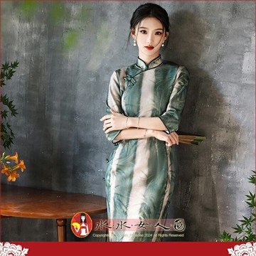 雲嵐絨復古印花長款旗袍改良春秋新款中國媽媽氣質連身裙洋裝日常可穿-翠依-水水女人國