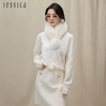JESSICA - 小香風立體提花拼接網紗邊圓領針織衫J54503（白）