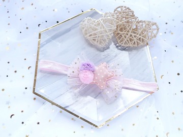 點點粉紅星星拼紗球嬰兒髮帶 寶寶頭帶