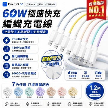 ⚡臺灣現貨⚡【馬卡龍多色｜耐折不斷線 】 雙c 編織數據線 60W充電線 適用安卓 水果14-17 數據線 快充傳輸線