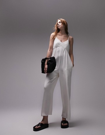 Topshop plain linen jumpsuit in ivory-White