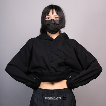 KANGOL 帽T 上衣 全黑 大螺紋 K拼布 短版 連帽 女 6052105220