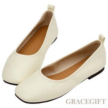 【Grace Gift】時髦極簡剪裁方頭平底娃娃鞋 米白
