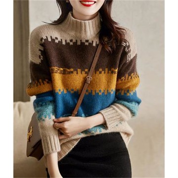 華來阿瑪施特2025年秋冬新款拼色半高領寬松條紋羊毛針織衫毛衣女