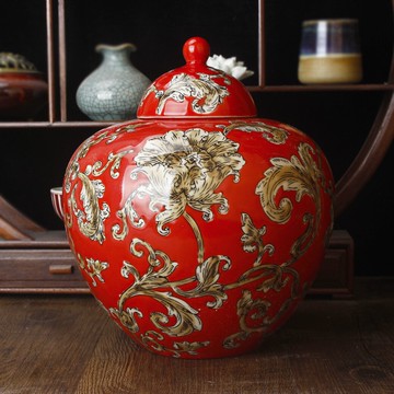 景德鎮手繪新中式紅色鳳尾新婚裝飾寶珠壇儲物罐子壇子擺件裝飾品