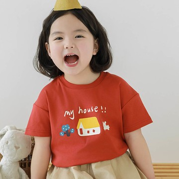 TONGMO - 圓領落肩短袖上衣-兔子回家-橘紅