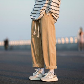 卡其色褲子男日系cityboy直筒工裝褲春秋潮牌寬松闊腿褲休閑長褲