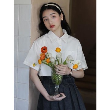 夏季新款日系復古Polo領襯衫女小個子白色短袖襯衣寬松休閑上衣潮
