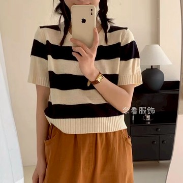 奈看服飾/好衣輕鬆買 工廠自定溫柔氣質寬邊條紋針織短袖