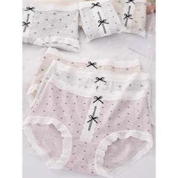 純棉印花內褲女中腰蕾絲邊大碼胖MM寬松包臀蝴蝶結棉質面料三角褲