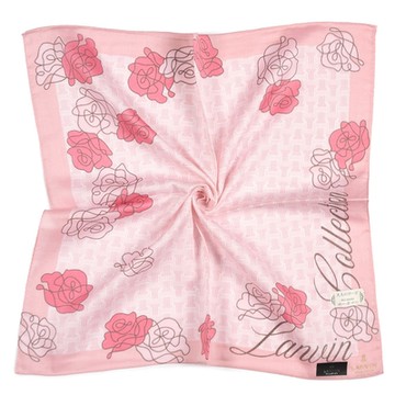 LANVIN滿版LOGO抽象玫瑰純綿帕巾-粉紅色