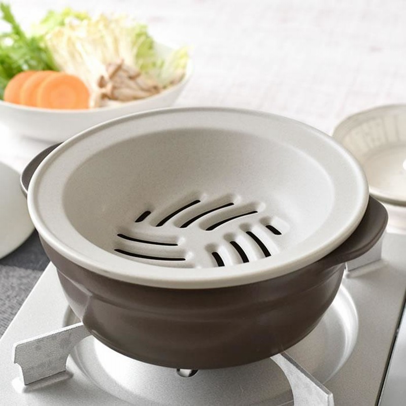黒とベージュの土鍋 蒸し器付き IH対応ヘルシー蒸し鍋 黒釉｜蒸し鍋｜