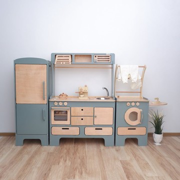 10-Year Kitchen, Fridge, Washing Mac（10 年期最大木製遊戲廚房 - 石板藍三件組，含冰箱與洗衣機）