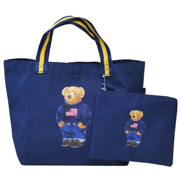 POLO Ralph Lauren 經典毛衣小熊圖騰字母LOGO刺繡釦式中型手提/肩背托特包(深藍)