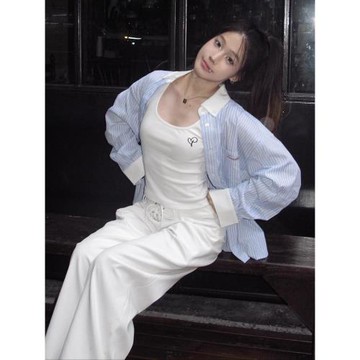 美式學院風襯衫女夏季撞色polo領條紋防曬長袖襯衣外套慵懶風上衣