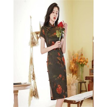 新中式旗袍中國風黑底紅花素雅短袖雙層中長款小個子日常年輕款女