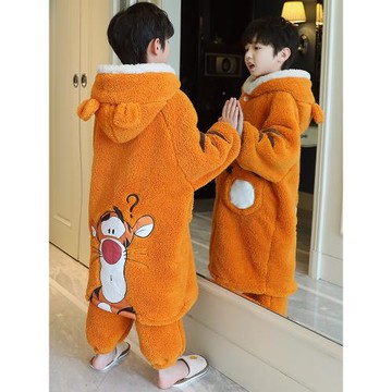 兒童睡衣秋冬珊瑚絨加厚睡袍男童女孩寶寶中大童法蘭絨家居服套裝